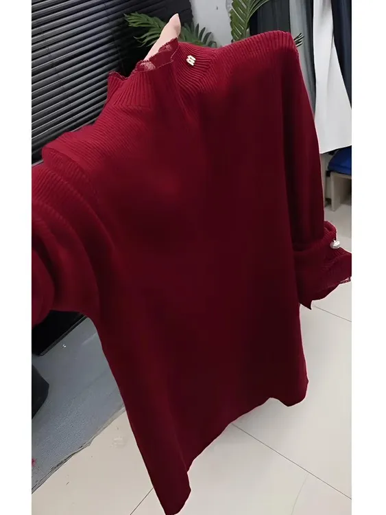 韩系蕾丝拼接半高领针织衫女秋冬季洋气百搭时尚气质长袖套头毛衣