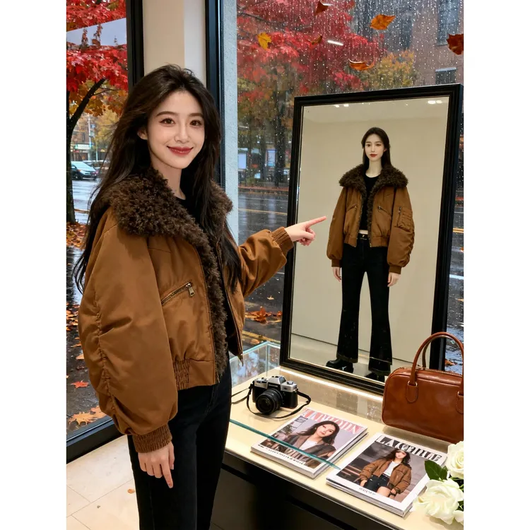 2025年新款覆古甜飒风保暖时髦焦糖色毛领飞行夹克外套女高级感
