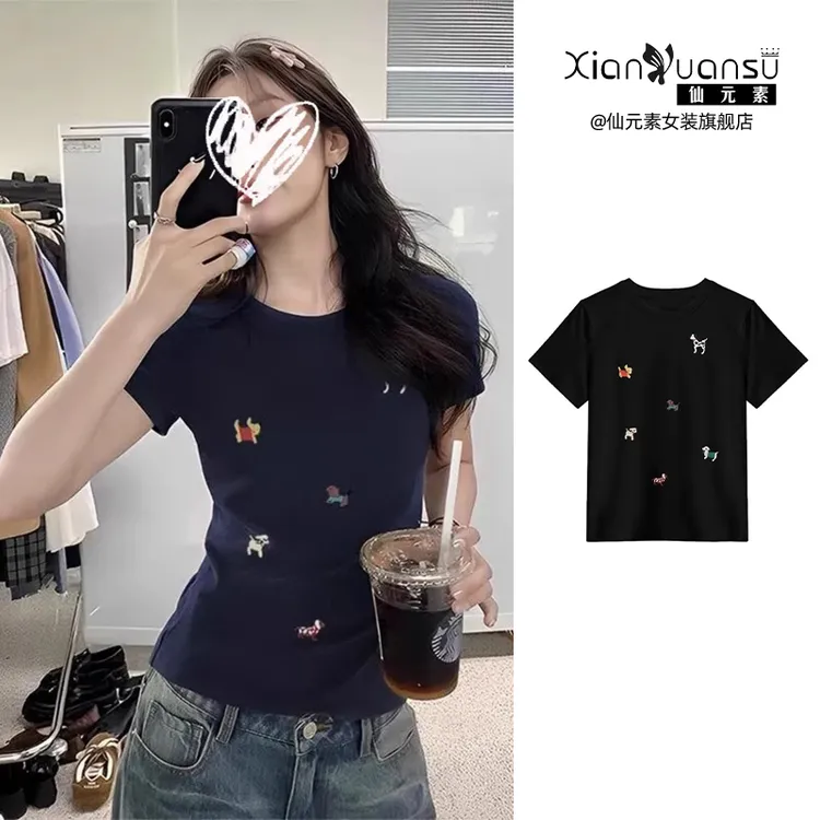 韩版圆领休闲短袖T恤女2025新款夏季设计感体恤修身显瘦印花上衣