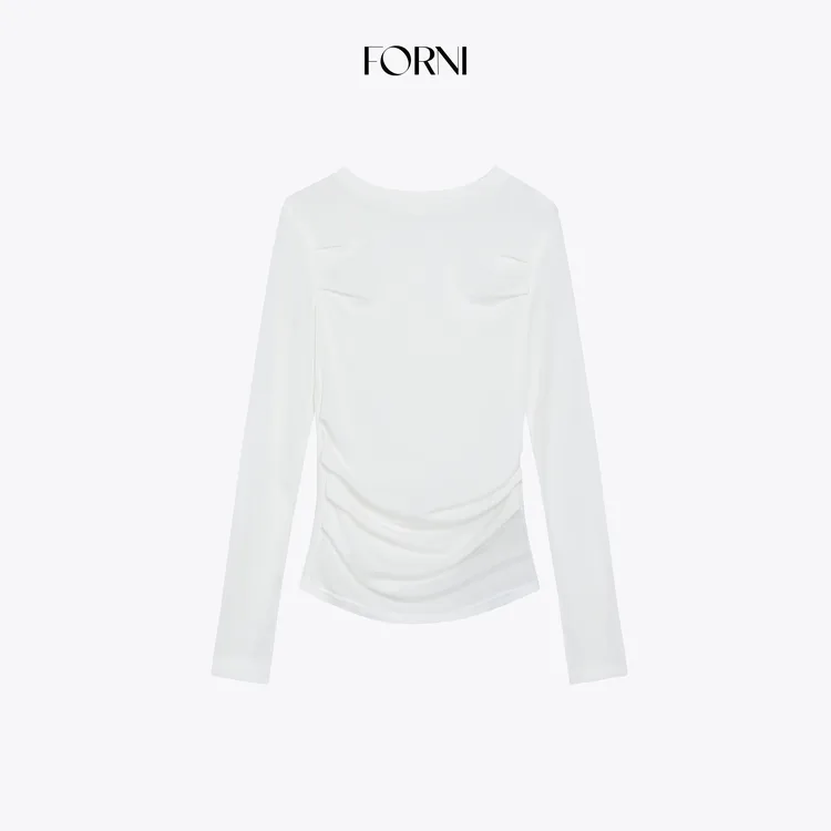 FORNI 拿捏曲线 天丝羊毛纸片人极简抽褶收腰正肩打底长袖T恤
