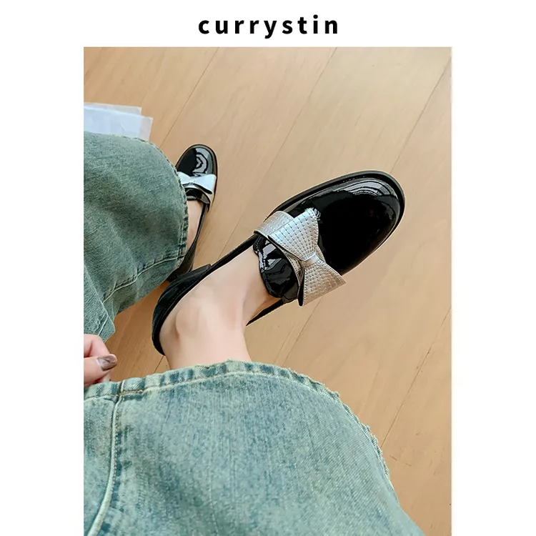 法式圆头一脚蹬乐福鞋蝴蝶结低跟小皮鞋2025新款配裙子亮皮单鞋女