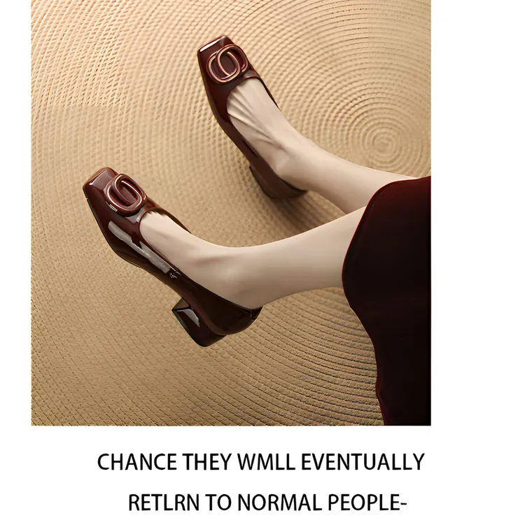 2法式软皮方头春夏季酒红色低跟气质百搭粗跟漆皮时尚轻奢女鞋