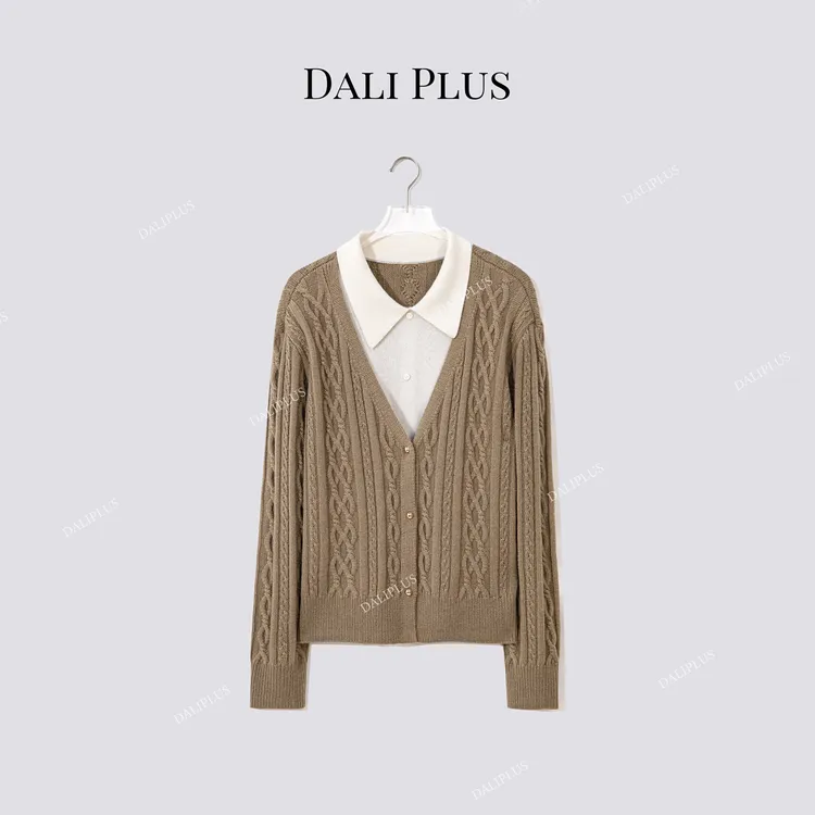 DALI PLUS“麻花开衫假两件”可机洗绵羊毛撞色针织-D5ST1514