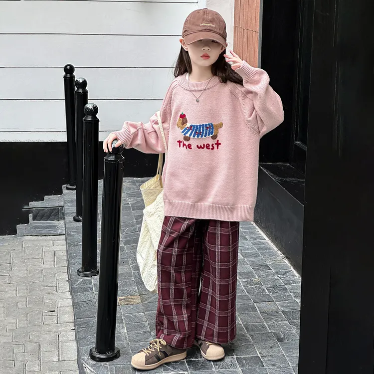 女童秋装毛衣套装2025新款洋气女大童春秋季时髦格子裤儿童两件套