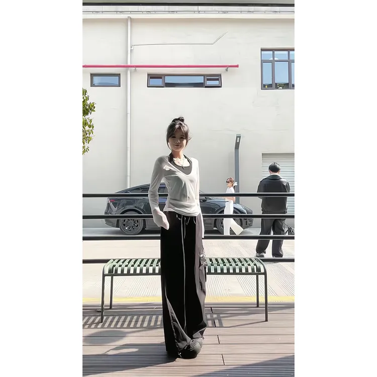 2025挂脖上衣防晒罩衫纯欲风上衣假两件美式工装裤宽松阔腿休闲裤