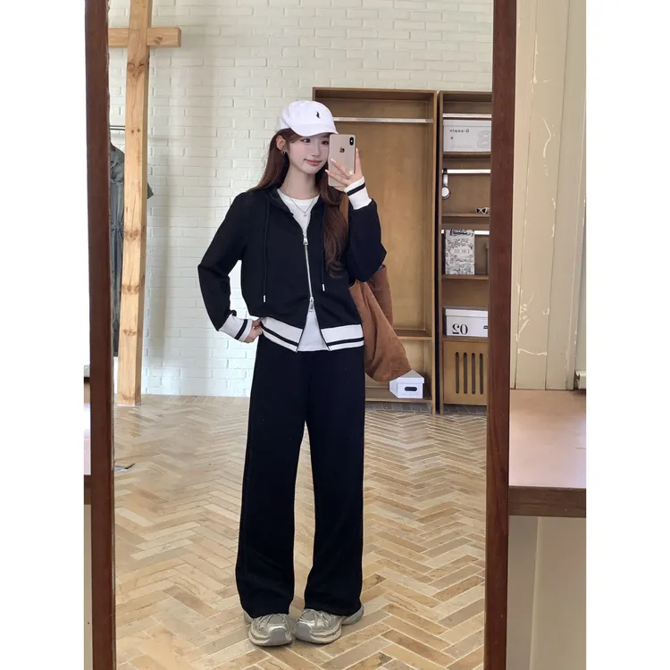 2025秋装胖mm大码休闲套装连帽卫衣外套高腰阔腿裤套装80346