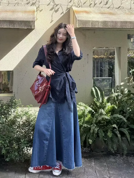 2025秋季新款韩系格子长袖衬衫高腰气质显瘦阔腿牛仔裤两件套装