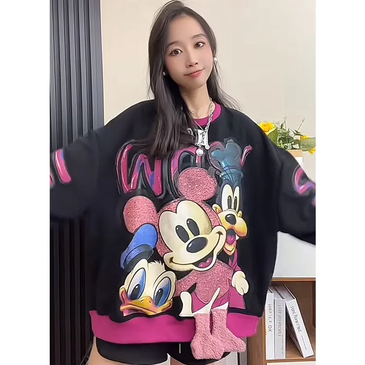 （801）y2025新款秋冬卡通印花ins潮牌长袖卫衣女刺绣t恤宽松上衣