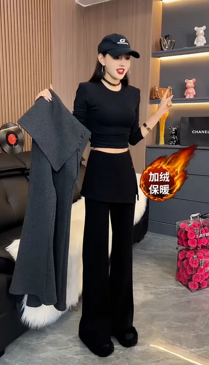 加绒假两件屁帘微喇裤女秋冬排扣高腰显瘦拖地喇叭裤k866