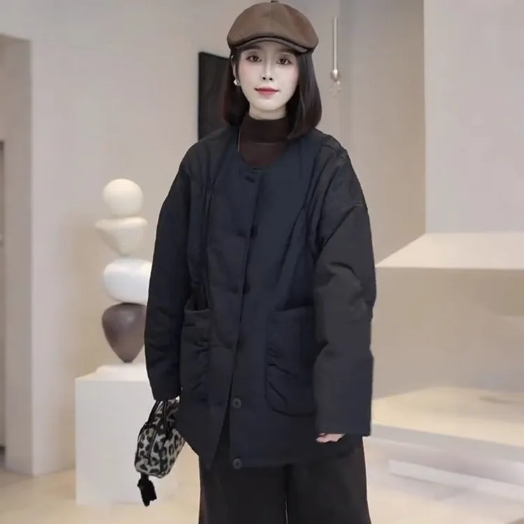 设计感休闲洋气圆领中长款夹棉棉衣外套女秋冬宽松百搭棉服女冬季