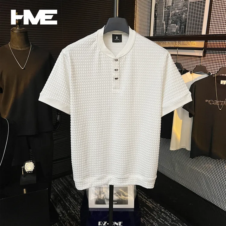 【HMEYAO】夏季男士金属纽扣立体格子提花短袖亨利领冰感丝小V领T恤