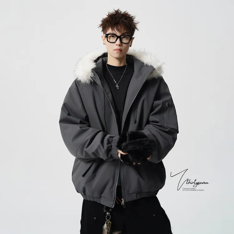 V37美式复古拼接纯色毛领连帽棉服男冬季加厚保暖工装棉衣外套潮
