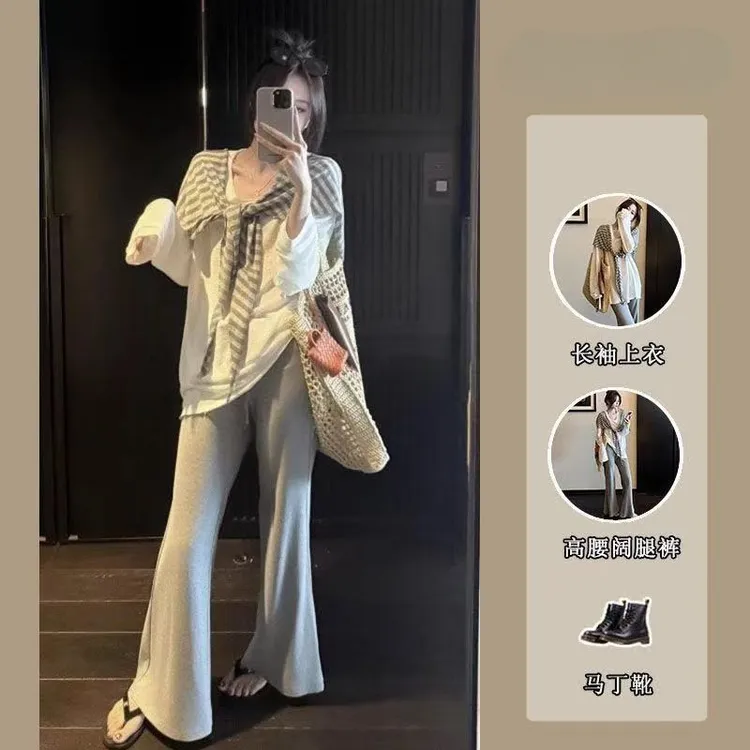 韩系御姐套装女宽松白色一整套ootd穿搭新款条纹披肩长袖显瘦