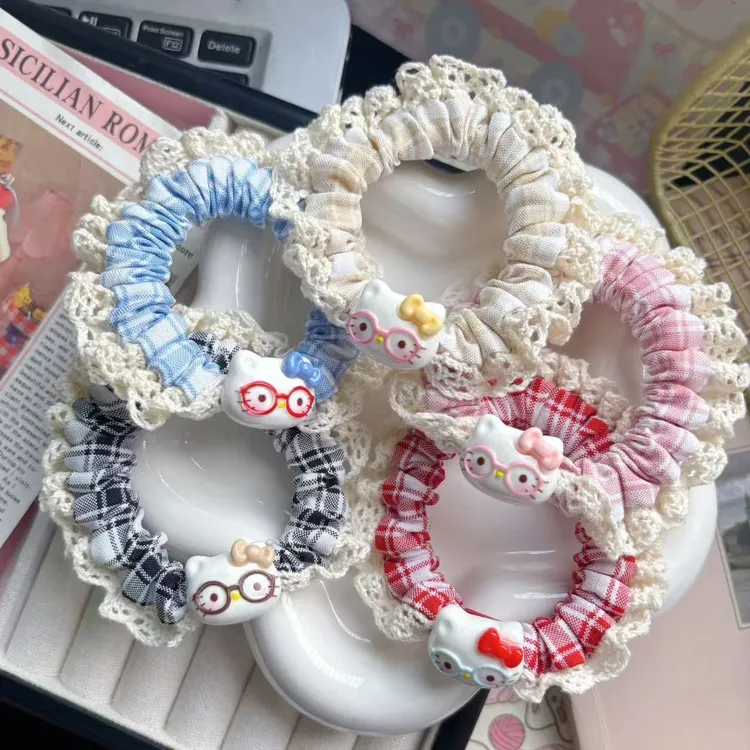 甜美花边眼镜猫咪发圈卡通发绳马尾ins小肠少女可爱蕾丝皮筋头饰