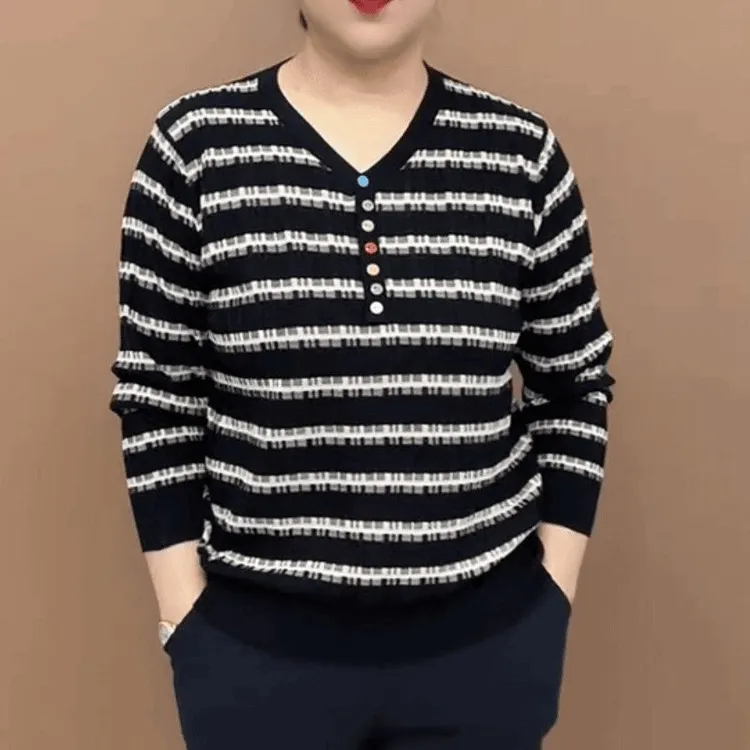 简约风减龄气质妈妈上衣秋季网红新款时尚气质高档条纹设计针织衫