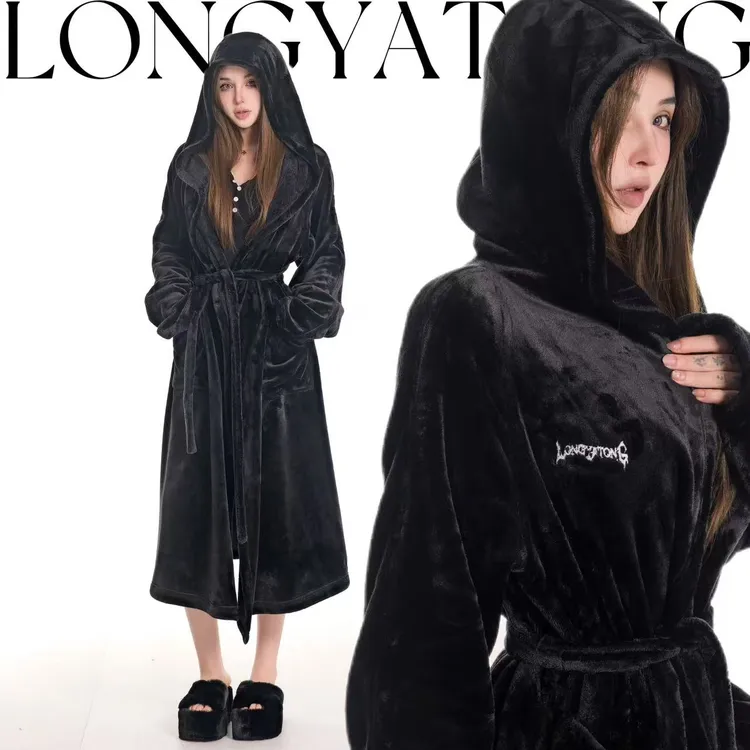 龙牙童推荐【龙的袍】秋冬韩版宽松慵懒风大衣毛呢外套连帽长袖睡袍