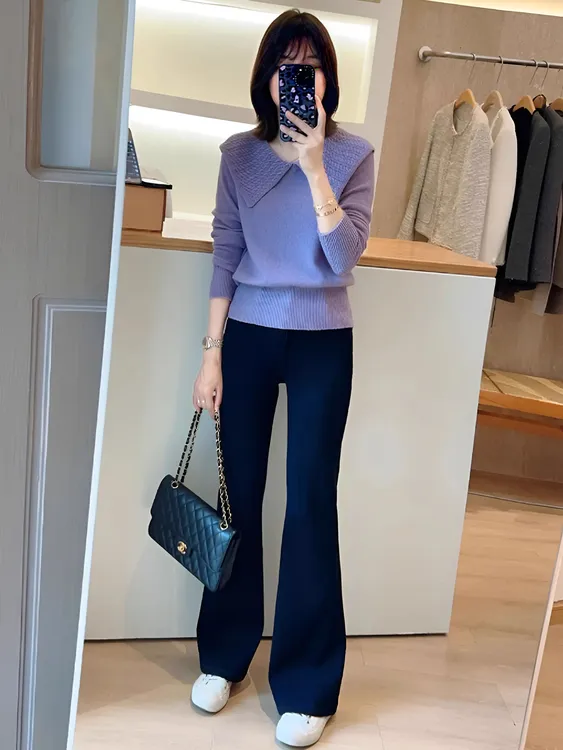 韩版紫色大翻领针织衫微喇休闲裤两件套女秋季显瘦气质通勤风套装