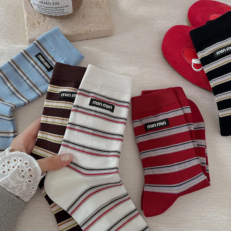 秋冬棉袜子女日系百搭彩色条纹女士中筒袜ins潮流休闲布标