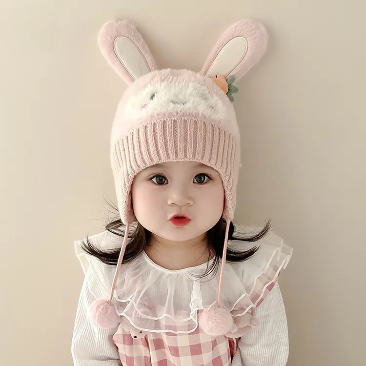 宝宝帽子秋冬季小女孩可爱兔护耳毛线帽男童保暖婴幼儿加厚毛绒帽