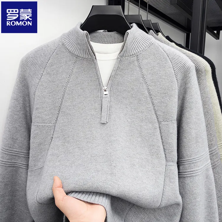 罗蒙2025冬季男士立领半拉链针织衫时尚拼接百搭打底衫保暖毛衣男