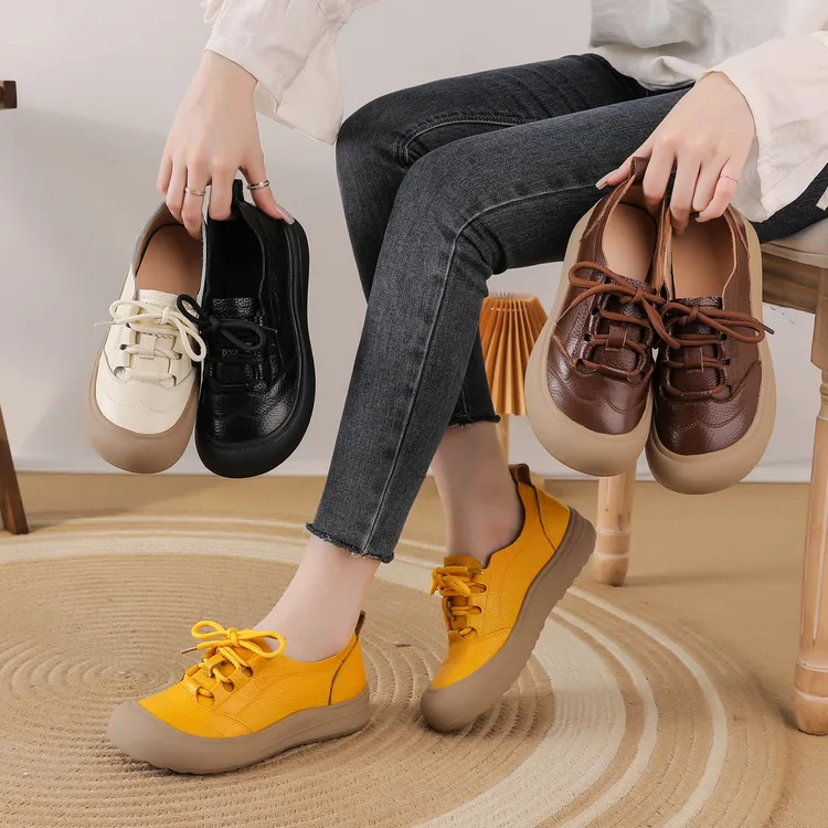 头层牛皮2025春秋新款平底防滑舒适一脚蹬女鞋百搭中老年妈妈鞋