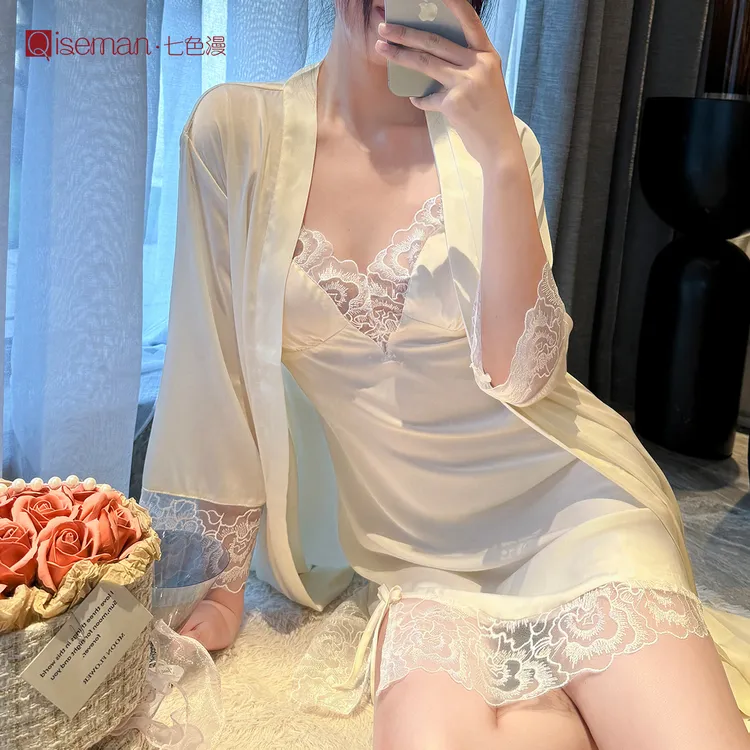 冰丝仿真丝家居服纯欲性感带胸垫女士睡衣两件套春夏秋薄款舒适透