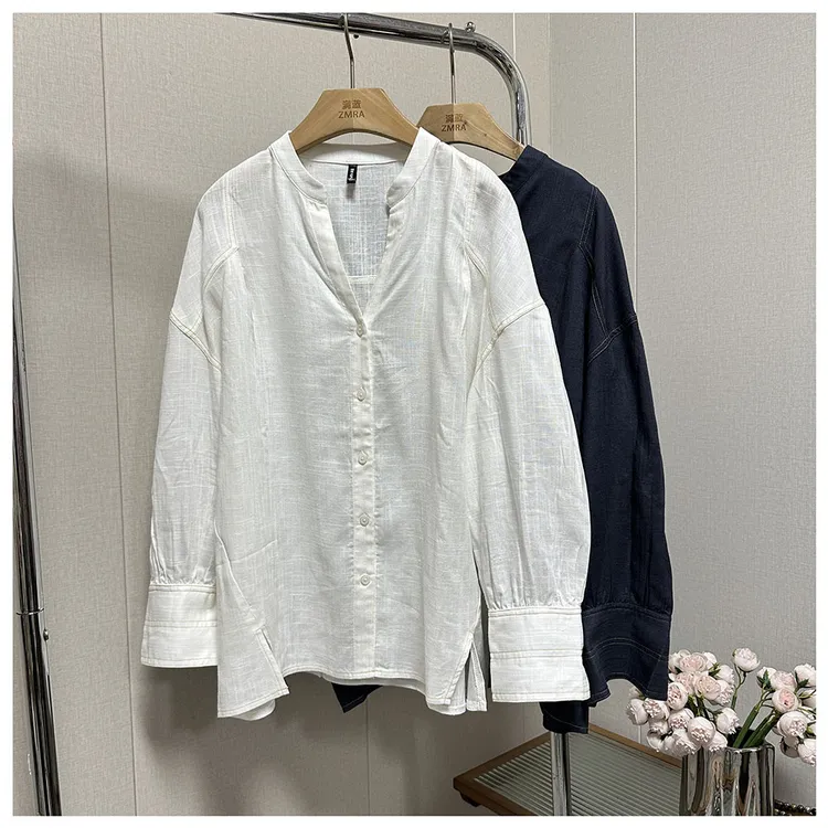 1C041春季新款纯色宽松圆领长袖女士休闲衬衫