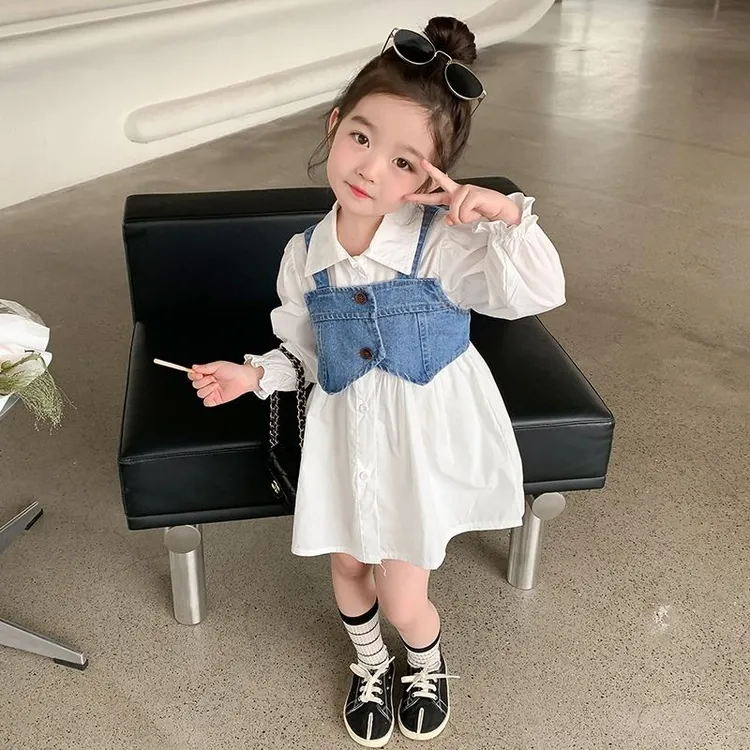 女童春装新款儿童洋气时髦女宝宝牛仔马甲衬衫两件套装连衣裙