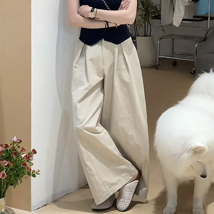 2025年夏季新款纯色高腰显瘦休闲裤女士时尚百搭洋气直筒阔腿长裤