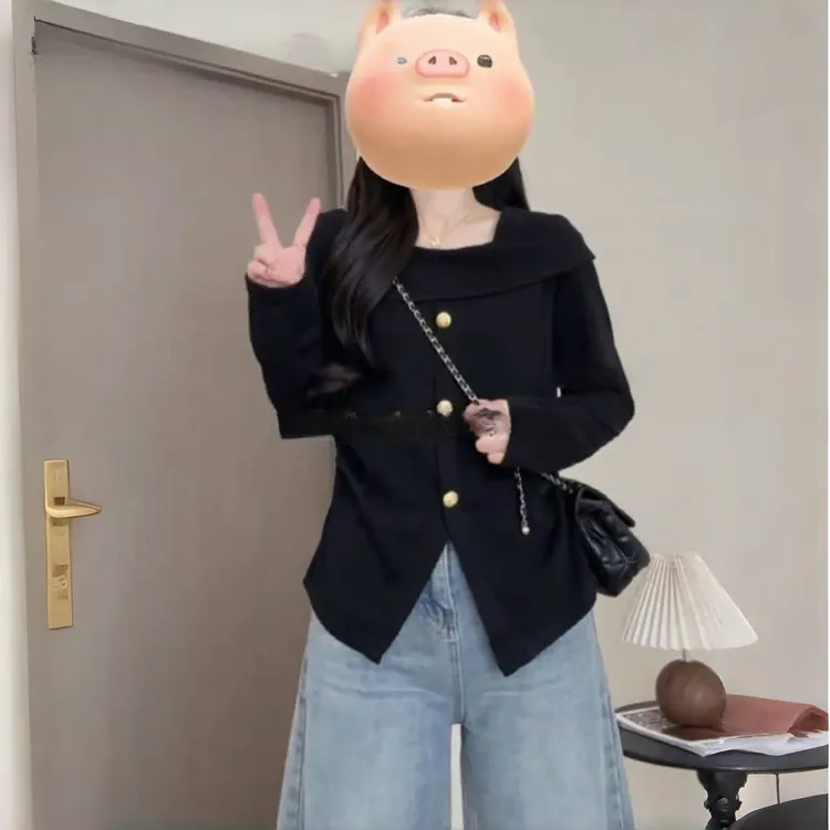 大码胖mm法式复古不规则方领长袖针织衫收腰显瘦设计感上衣女秋装