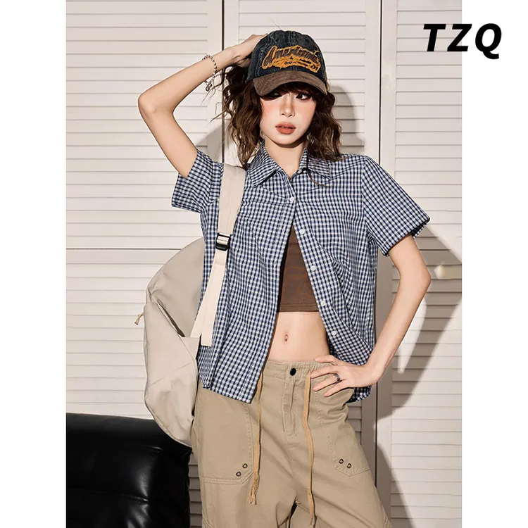 蓝色格子正肩短袖衬衫女夏季修身学院风设计感短款衬衣TZQ2552771