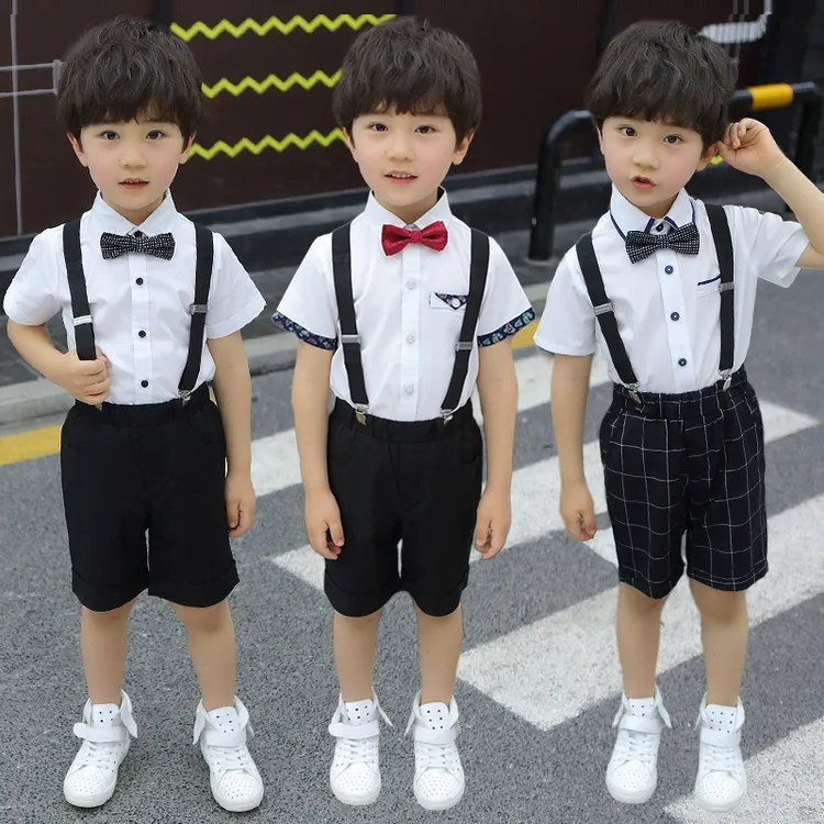 夏季男童背带裤套装短袖衬衫儿童毕业花童礼服男孩男童礼服