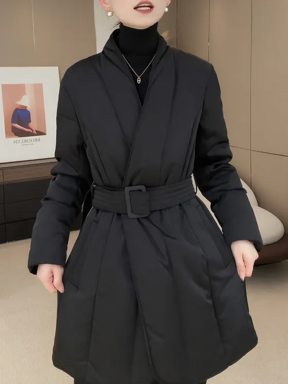 2025冬季新款简约轻奢时尚通勤百搭显瘦气质黑色V领长袖棉衣外套