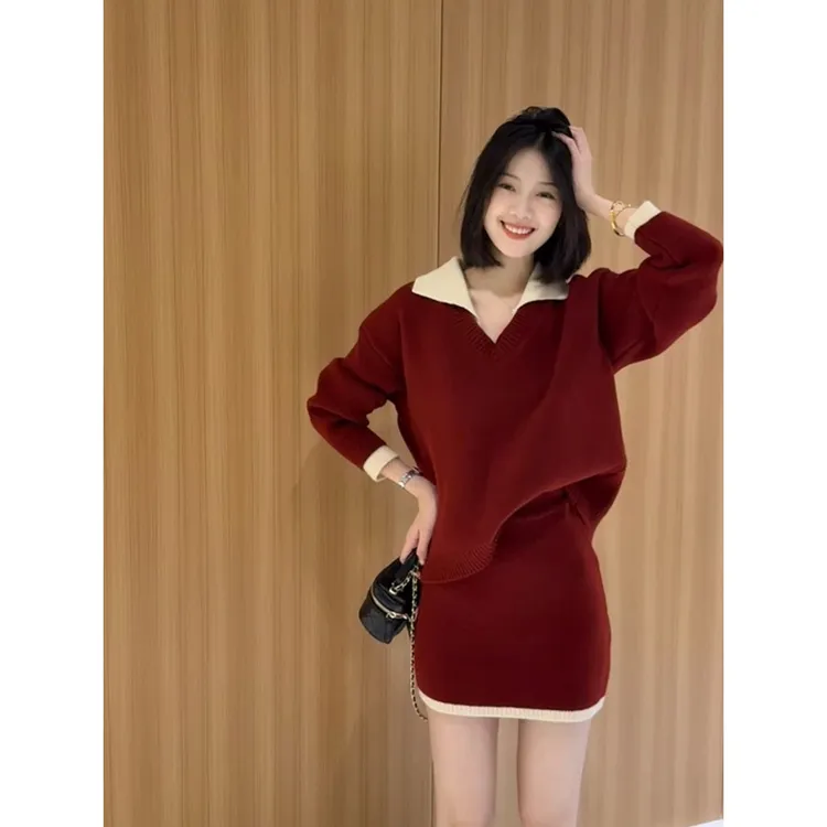新年氛围感红色毛衣套装女秋冬慵懒高级感针织衫半身裙百搭两件套