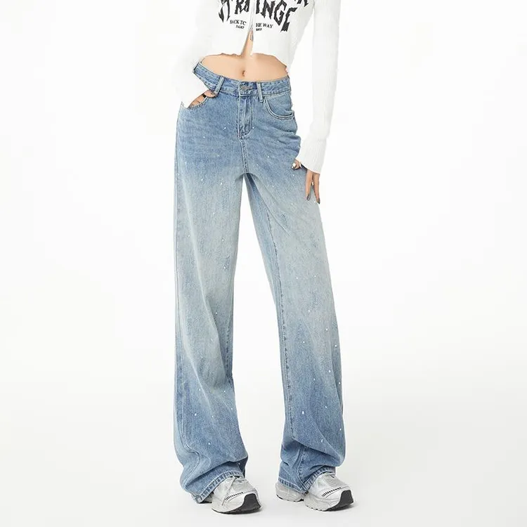 烫钻渐变牛仔裤女长裤带钻春秋季新款宽松显瘦阔腿裤子女孩女士