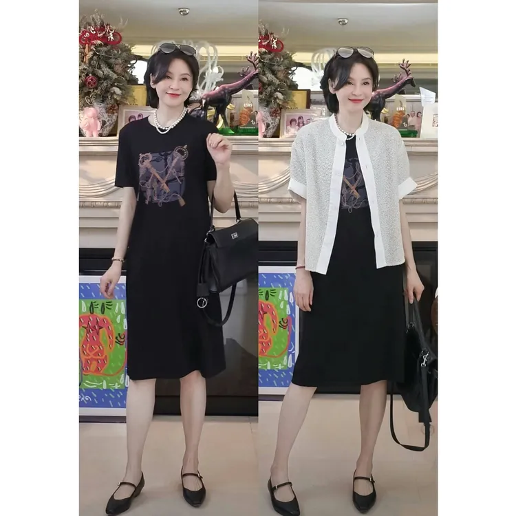 我是摩羯 黑曜石 桑蚕丝二醋酸数码印花16针春夏圆领连衣裙