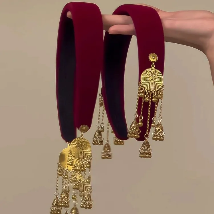 新中式红色丝绒发箍女新年发饰复古气质金流苏吊坠头箍民族风发饰