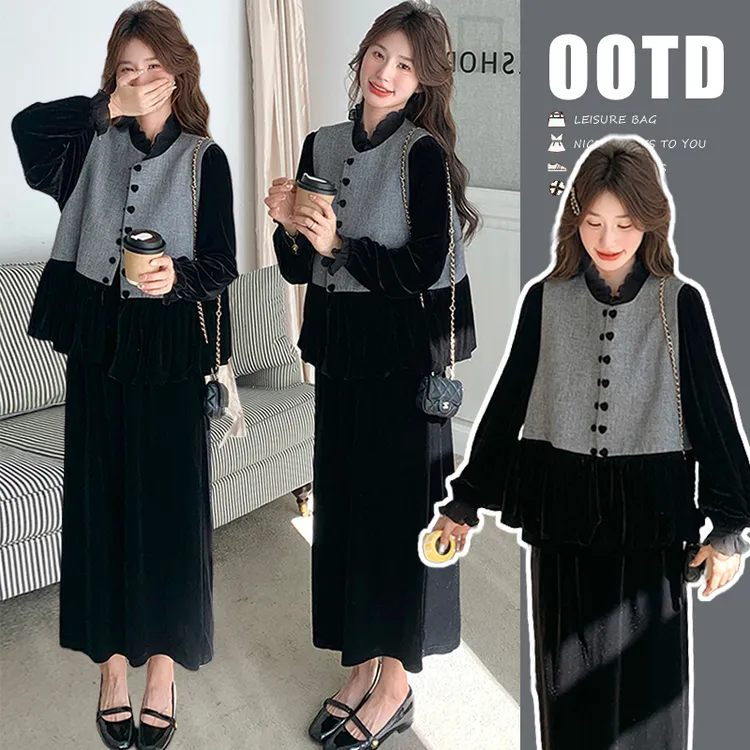 秋季时尚新款孕妇装小香风通勤时髦减龄马甲打底长袖连衣裙高质量