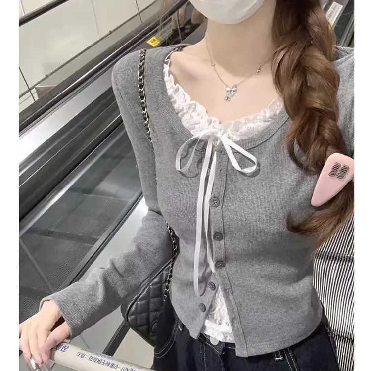 9212#韩系纯欲bm风假两件长袖T恤打底衫女秋冬高级感拼接蕾丝上衣