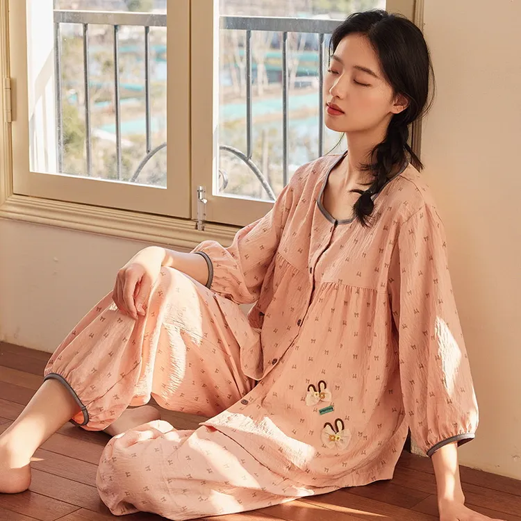 女士夏季开衫带胸垫睡衣七分袖女士家居服两件套装薄款宽松大码