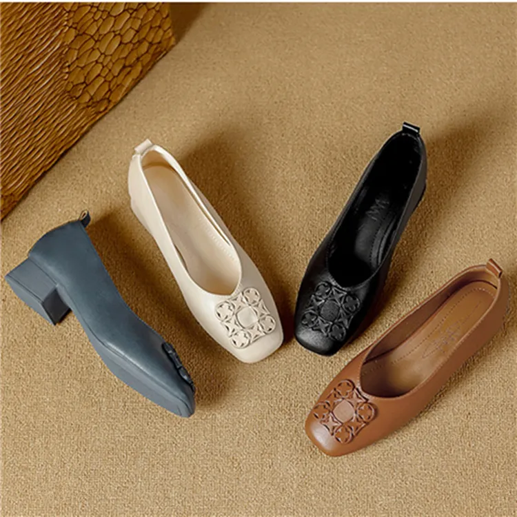 2025新款粗跟单鞋浅口低帮多色复古中跟真皮文艺方头软皮时尚女鞋