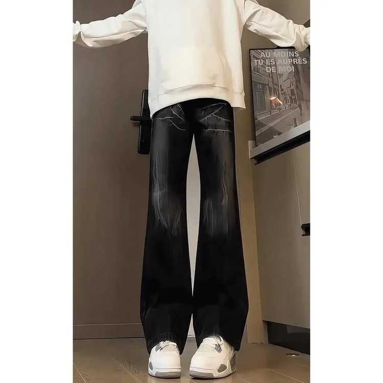 黑色闪电纹牛仔裤男款春秋季痞帅炸街裤子美式高街vibe直筒微喇裤