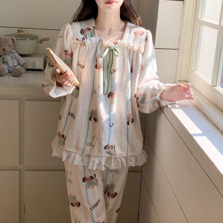 珊瑚绒睡衣女款秋冬季加绒加厚卡通可爱长袖方领蝴蝶结家居服套装