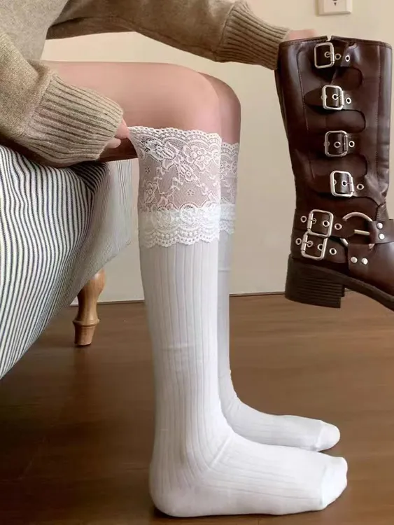拼接蕾丝花边洛丽塔袜子显瘦芭蕾风小腿袜长筒袜白色堆堆袜0212
