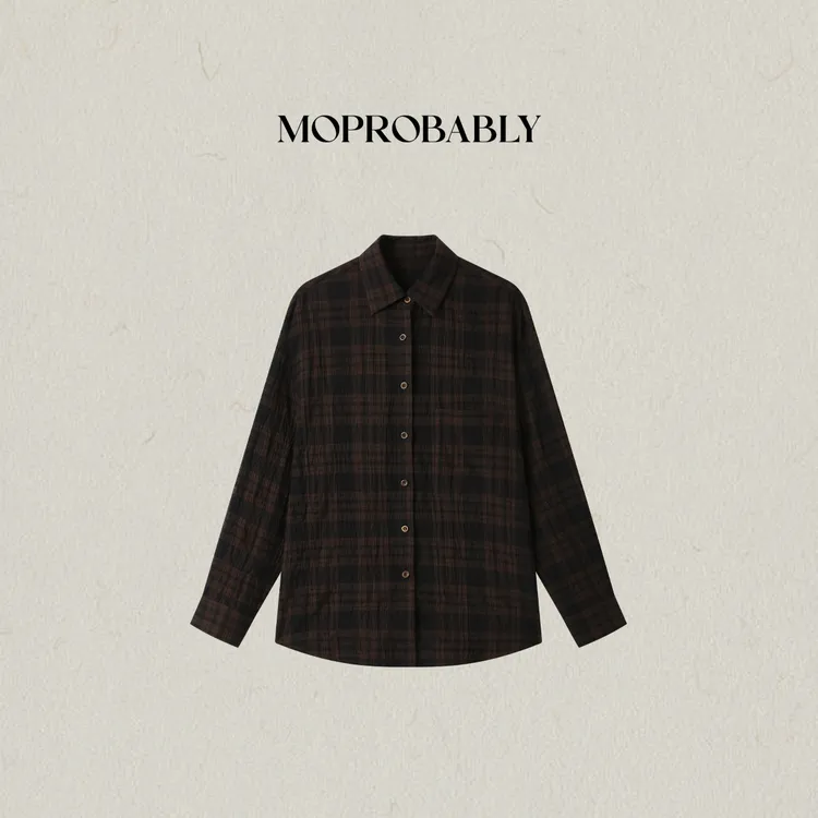 Moprobably李予诺「旧梦」"100%棉"复古时尚格子长袖衬衫L5355013