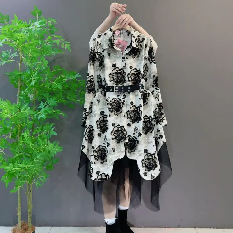 9598新款时尚碎花拼接网纱连衣裙显瘦遮肚子显瘦气质大码女装
