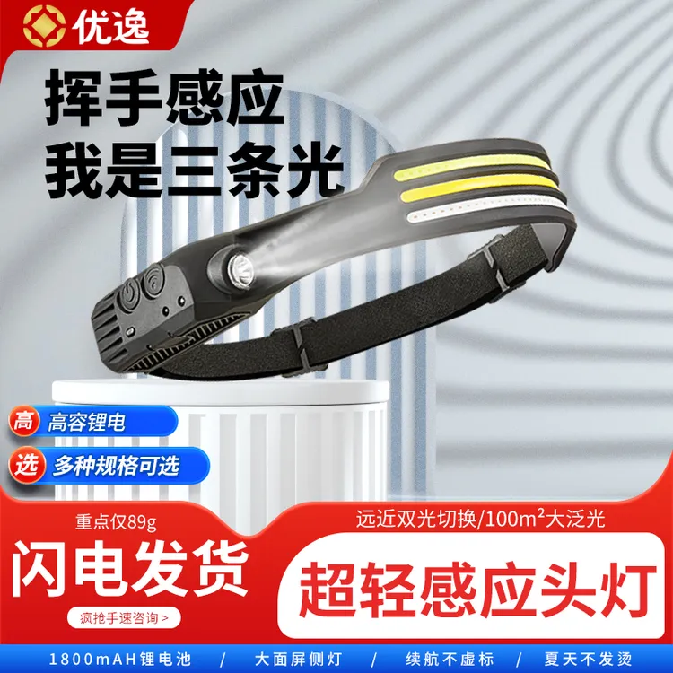 优逸全新升级硅胶挥手智能感应超轻夜钓户外工作照明户外强光头灯