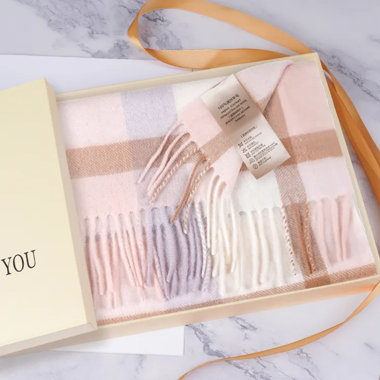 100%纯羊毛格子围巾女冬季学生百搭保暖围脖生日礼物送女朋友老婆