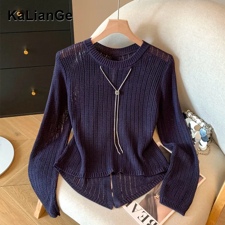 卡莲格/韩系复古显瘦圆领钩花镂空针织开衫T恤女胖mm休闲长袖上衣