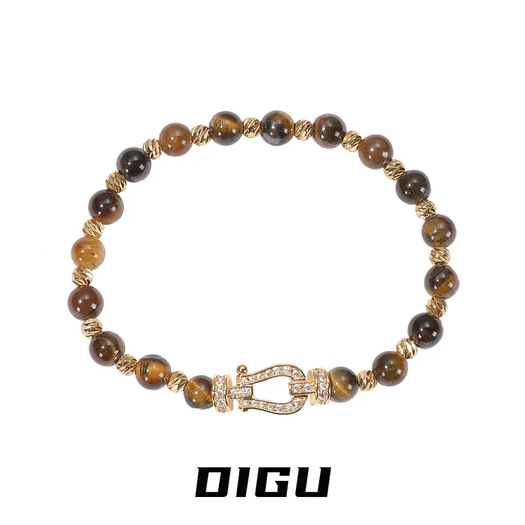 嘀咕家 铜合金仿水晶手链 秋冬镶钻马蹄扣手链仿虎眼石串珠手串